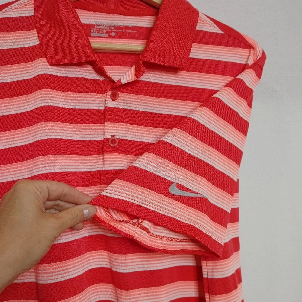 Nike Golf Standard Fit Polo Shirt Short Sleeve Pink‎ Orange White Stripe Melon L